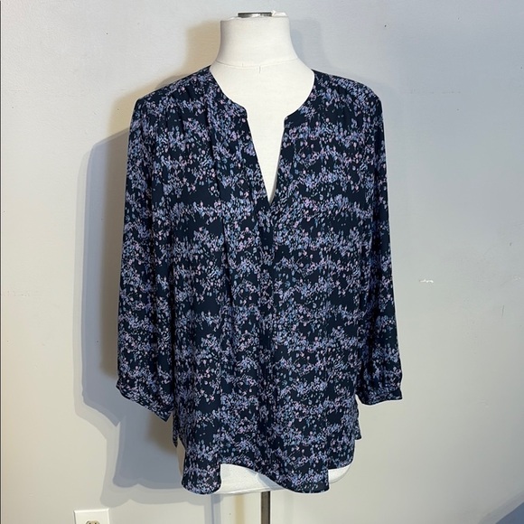 NYDJ Tops - NYDJ Blue and PinkRelaxed Blouse with 3/4 Sleeves and Mandarin Collar